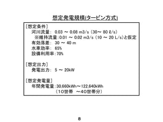 想定発電規模(タービン方式)
［想定条件］
河川流量： 0.03 ～ 0.08 m3/s （30～ 80 ℓ/s）
※維持流量：0.01 ～ 0.02 m3/s （10 ～ 20 L/s）と仮定
有効落差： 30 ～ 40 m
水車効率： 65%
設備利用率：70%
［想定出力］
発電出力： 5 ～ 20kW
［想定発電量］
年間発電量：30,660kWh～122,640kWh
（１０世帯 ～４０世帯分）
８
 