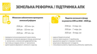 ЗЕМЕЛЬНА РЕФОРМА / ПІДТРИМКА АПК
Фінансове забезпечення проведення
земельної реформи
2018 рік - 453 млн. грн.
2019 рік - 132 млн. грн.
2020 рік - 297 млн. грн.
Видатки загального фонду
на розвиток АПК на 2018 – 2020 рр.
2018 рік - 6 млрд. грн.
2019 рік - 7 млрд. грн.
2020 рік - 8 млрд. грн
Ø  проведення загальнонаціональної оцінки земель;
Ø  переведення матеріалів державного фонду документації
із землеустрою у електронний (цифровий) вигляд;
Ø  підготовку до продажу земель с/г призначення;
Ø  адміністрування Державного земельного кадастру.
Ø  надання бюджетної дотації;
Ø  технічне переоснащення с/г виробництва;
Ø  здешевлення кредитів та страхових платежів;
Ø  кредитування фермерських господарств;
Ø  стимулювання розвитку тваринництва, рибництва, садівництва…
 
