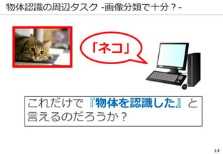 物体認識の周辺タスク -画像分類で十分？-
「ネコ」
これだけで『物体を認識した』と
言えるのだろうか？
14
 