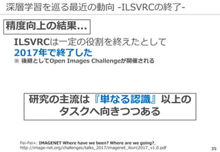 深層学習を巡る最近の動向 -ILSVRCの終了-
35
Fei-Fei+: IMAGENET Where have we been? Where are we going?,
http://image-net.org/challenges/talks_2017/imagenet_ilsvrc2017_v1.0.pdf
ILSVRCは一定の役割を終えたとして
2017年で終了した
精度向上の結果...
※ 後継としてOpen Images Challengeが開催される
研究の主流は『単なる認識』以上の
タスクへ向きつつある
 