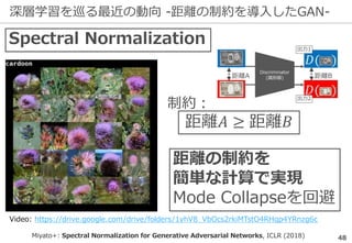 深層学習を巡る最近の動向 -距離の制約を導入したGAN-
48
Spectral Normalization
Miyato+: Spectral Normalization for Generative Adversarial Networks, ICLR (2018)
距離の制約を
簡単な計算で実現
Mode Collapseを回避
距離𝐴 ≥ 距離𝐵
制約：
Video: https://drive.google.com/drive/folders/1yhV8_VbOcs2rkiMTstO4RHqp4YRnzg6c
 