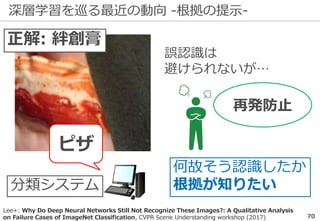 深層学習を巡る最近の動向 -根拠の提示-
70
正解: 絆創膏
ピザ
何故そう認識したか
根拠が知りたい
誤認識は
避けられないが…
分類システム
再発防止
Lee+: Why Do Deep Neural Networks Still Not Recognize These Images?: A Qualitative Analysis
on Failure Cases of ImageNet Classification, CVPR Scene Understanding workshop (2017)
 