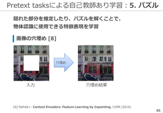 Pretext tasksによる自己教師あり学習：5. パズル
85
隠れた部分を推定したり、パズルを解くことで、
物体認識に使用できる特徴表現を学習
[8] Pathak+: Context Encoders: Feature Learning by Inpainting, CVPR (2016)
画像の穴埋め [8]
穴埋め結果入力
穴埋め
 