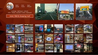 retail, F&B & shopping mall
Digital
signage
Public
Display
Digital
Billboard
auromage – lighthouse – unilumin
orion – displax – hyundai IT –Sonos - bluesound
 