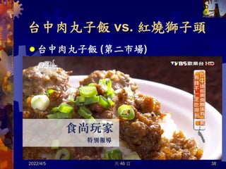 台中肉丸子飯 vs. 紅燒獅子頭
 台中肉丸子飯 (第二市場)
2022/4/5 共 46 頁 38
 