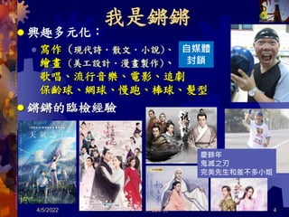 共 220 頁
我是鏘鏘
 興趣多元化：
 寫作 (現代詩．散文．小說)、
繪畫 (美工設計．漫畫製作)、
歌唱、流行音樂、電影、追劇
保齡球、網球、慢跑、棒球、髮型
 鏘鏘的臨檢經驗
4/5/2022 4
自媒體
封鎖
慶餘年
鬼滅之刃
完美先生和差不多小姐
 