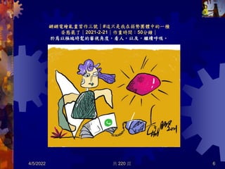 鏘鏘電繪亂畫習作三號｜#這只是我在弱勢團體中的一種
姿態罷了｜2021-2-21｜作畫時間：50分鐘｜
於焉以極端時髦的審視角度，看人，以及，繼續呼吸。
4/5/2022 共 220 頁 6
 