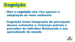 • Mas a cognição não visa apenas a
adaptação ao meio ambiente
• Cognição inclui integração da percepção
desses estímulos a vivências prévias e
passadas do indivíduo Realizando o seu
aprendizado do mundo
Cognição
 