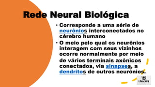 • Corresponde a uma série de
neurônios interconectados no
cérebro humano
• O meio pelo qual os neurônios
interagem com seus vizinhos
ocorre normalmente por meio
de vários terminais axônicos
conectados, via sinapses, a
dendritos de outros neurônios.
Rede Neural Biológica
 
