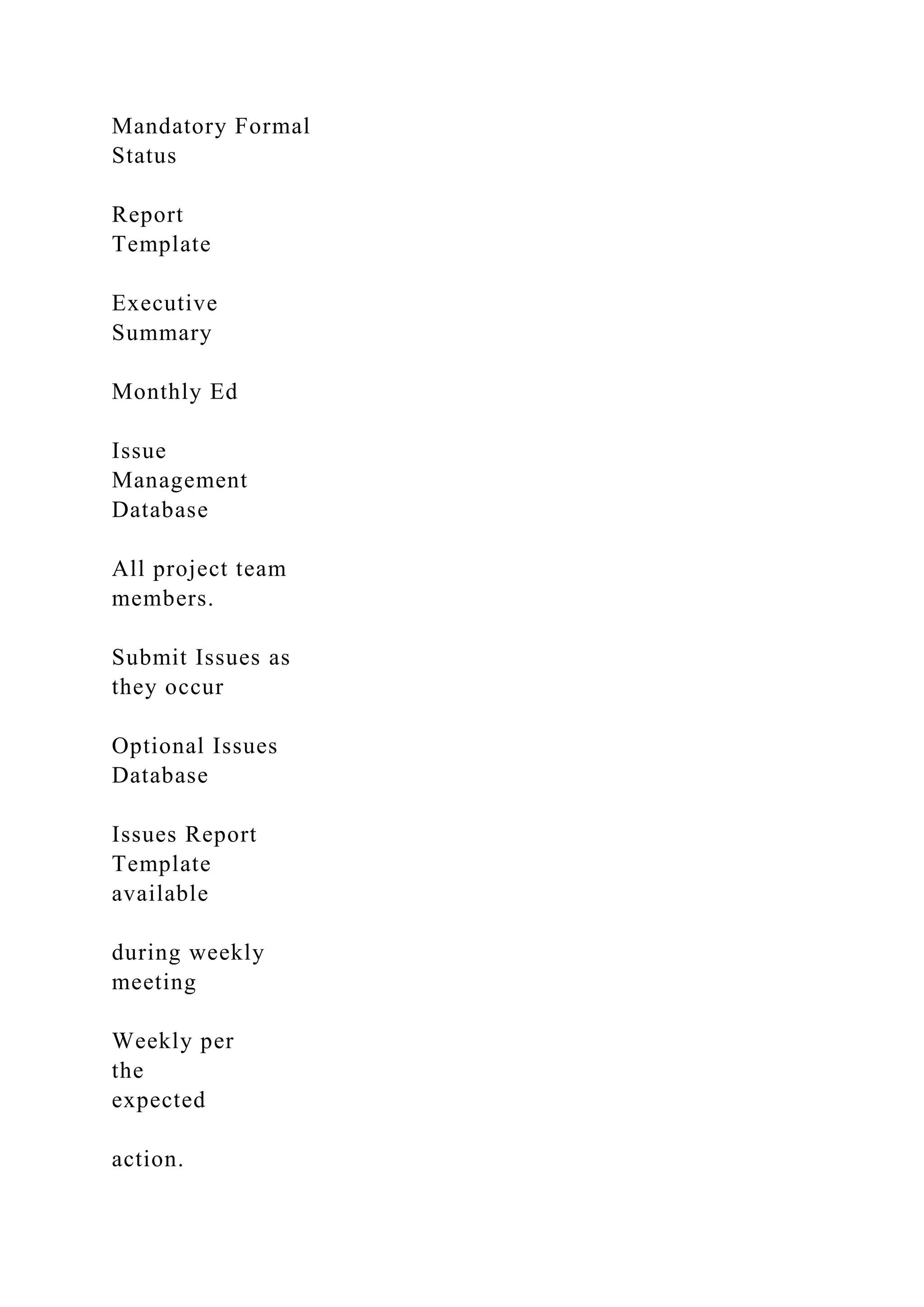 Mandatory Formal
Status
Report
Template
Executive
Summary
Monthly Ed
Issue
Management
Database
All project team
members.
Submit Issues as
they occur
Optional Issues
Database
Issues Report
Template
available
during weekly
meeting
Weekly per
the
expected
action.
 