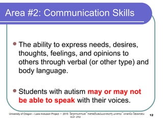 Area #2: Communication Skills
The ability to express needs, desires,
thoughts, feelings, and opinions to
others through verbal (or other type) and
body language.
Students with autism may or may not
be able to speak with their voices.
12University of Oregon – Laos Inclusion Project • 2015 ໂຄງການການສຶກສາຮຽນຮ່ວມລະຫວ່າງ ມະຫາວິທະຍາໄລ ໂອເຣກອນ
ແລະ ລາວ
 