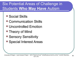 Six Potential Areas of Challenge in
Students Who May Have Autism
Social Skills
Communication Skills
Uncontrolled Emotion
Theory of Mind
Sensory Sensitivity
Special Interest Areas
5University of Oregon – Laos Inclusion Project • 2015 ໂຄງການການສຶກສາຮຽນຮ່ວມລະຫວ່າງ ມະຫາວິທະຍາໄລ ໂອເຣກອນ
ແລະ ລາວ
 
