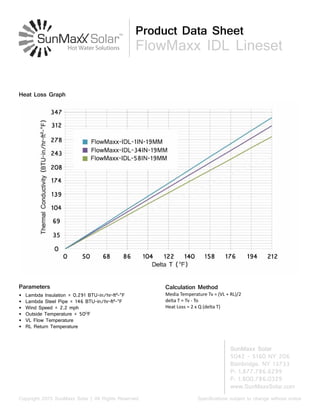 Product Data Sheet
FlowMaxx IDL Lineset
SunMaxx Solar
5042 - 5160 NY 206
Bainbridge, NY 13733
P: 1.877.786.6299
F: 1.800.786.0329
www.SunMaxxSolar.com
Specifications subject to change without noticeCopyright 2015 SunMaxx Solar | All Rights Reserved
Heat Loss Graph
Parameters
• Lambda Insulation = 0.291 BTU-in/hr-ft²-°F
• Lambda Steel Pipe = 146 BTU-in/hr-ft²-°F
• Wind Speed = 2.2 mph
• Outside Temperature = 50O
F
• VL Flow Temperature
• RL Return Temperature
Calculation Method
Media Temperature Tv = (VL + RL)/2
delta T = Tv - To
Heat Loss = 2 x Q (delta T)
 