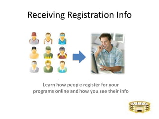 Receiving Registration Info




     Learn how people register for your
 programs online and how you see their info
 