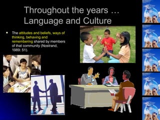 Throughout the years … Language and Culture The  attitudes and beliefs, ways of thinking, behaving and remembering  shared by members of that community (Nostrand, 1989: 51).  