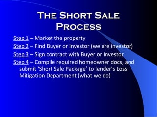 The Short Sale Process Step 1  – Market the property Step 2  – Find Buyer or Investor (we are investor) Step 3  – Sign contract with Buyer or Investor  Step 4  – Compile required homeowner docs, and submit ‘Short Sale Package’ to lender’s Loss Mitigation Department (what we do) 
