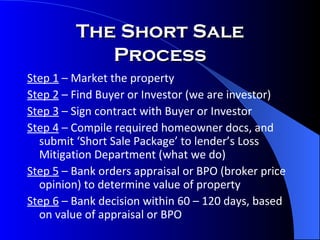 Step 1  – Market the property Step 2  – Find Buyer or Investor (we are investor) Step 3  – Sign contract with Buyer or Investor  Step 4  – Compile required homeowner docs, and submit ‘Short Sale Package’ to lender’s Loss Mitigation Department (what we do) Step 5  – Bank orders appraisal or BPO (broker price opinion) to determine value of property Step 6  – Bank decision within 60 – 120 days, based on value of appraisal or BPO The Short Sale Process 