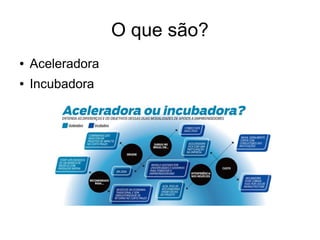 O que são? 
● Aceleradora 
● Incubadora 
 