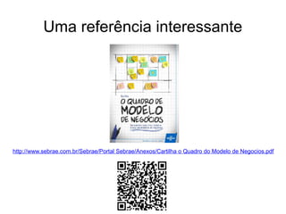 Uma referência interessante 
http://www.sebrae.com.br/Sebrae/Portal Sebrae/Anexos/Cartilha o Quadro do Modelo de Negocios.pdf 
 