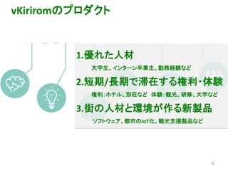 12
vKiriromのプロダクト
1.優れた人材
大学生、インターン卒業生、勤務経験など
2.短期/長期で滞在する権利・体験
権利：ホテル、別荘など 体験：観光、研修、大学など
3.街の人材と環境が作る新製品
ソフトウェア、都市のIoT化、観光支援製品など
 