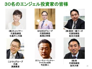 元フューチャーベンチャー
キャピタル会長
今庄啓二 21
３０名のエンジェル投資家の皆様
(株)ネットイヤー
代表取締役
石黒不二代様
ことでんグループ
代表
真鍋康彦
はなまるグループ
代表取締役
高濱正伸様
(株)東京一番フーズ
代表取締役
坂本大地様
(株)侍
代表取締役
為末大様
 