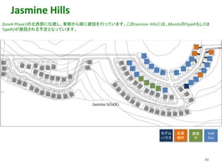 Jasmine Hills
ZoneA Phase1の北西部に位置し、東側から順に建設を行っています。このJasmine Hillsには、84unitsのTypeRもしくは
TypeR2が建設される予定となっています。
40
在庫
物件
建築
中
Sold
Out
モデル
ハウス
 