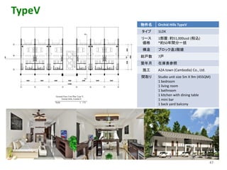 47
TypeV
Scale 1 : 175
Ground Floor Unit Plan Type V,
Orchid Hills, Exhibit E
物件名 Orchid Hills TypeV
タイプ 1LDK
リース
価格
1部屋：約51,000usd (税込)
*約50年間分一括
構造 ブロック造2階建
総戸数 7戸
築年月 在庫表参照
施工 A2A town (Cambodia) Co., Ltd.
間取り Studio unit size 5m X 9m (45SQM)
1 bedroom
1 living room
1 bathroom
1 kitchen with dining table
1 mini bar
1 back yard balcony
 