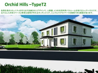 48
Orchid Hills –TypeT2
各居住者のコミュニティを作り出す洗練されたデザインで、13部屋、6つの共同利用バスルームを有するシェアハウスです。
広々とした共有スペースと簡易な食事が作れるキッチンエリア、シンプルでプライベートを確保できる個室があります。
 