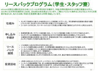 リースバックプログラム（学生・スタッフ寮）
vKiriromは国立公園の巨大な土地にリゾートと大学を有する場所で、今後5年間の国内外からの旅行客数は33万人、
2021年には大学の在籍学生1,000名、定住者600名を見込んでいます。ご購入いただいた物件はこのような人々からの需
要があるため、私たちは高い利回りを長期間（最大10年間）保証しています。
仕組み
• カンボジア政府から借りた土地を区分けにして投資家にサブリースし、学生寮物件を投資家の資金で建築
していただき、それをキリロム工科大学にお貸しいただく仕組みです。
• リースホールドのため、フリーホールドに比べて外国人が購入可能で値段が上がりやすいと考えられます。
• 投資物件購入時、サブリース契約書に加え、リースバック契約書に合意いただくだけで始められます。
• カンボジアには永借権登記という制度がありますので投資家の権利は永借権として守られます。
※建物の所有権は投資家にありますが、賃借契約を終了時には投資家もを終了する際には建物は無償で
カンボジア政府に引き渡す必要があります。
申し込み
手続き
リース
バック
期間
• 1つの物件に4名の大学生が共同生活をします。
• リースバック期間は最大10年間で、その間管理費・修繕費等はキリロム工科大学が負担します。
• リースバック期間にリゾートに宿泊される場合は混雑日を除き同じタイプのお部屋かそれより小さいお部屋
を１泊50%OFFでご提供します（１部屋限定）。
• 毎年４月末と１０月末に賃料をお支払いします。
• 賃料から源泉徴収税（カンボジア非居住者14%）を差し引き、振込手数料はお客様負担となります。
投資回収
• 1年前にお知らせいただくことで、いつでもリースバック契約を解約することができます。
• リースバック保証期間終了後、または保証契約解消後も通常の賃貸物件として大学に貸出することが可能
です。この際の貸出金額は相対での交渉です。大学以外の用途に貸し出すことも可能です
• 売却したい場合は自ら売主を見つけるか、私たちからエージェントをご紹介することもできます。
51
 