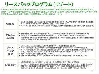 リースバックプログラム（リゾート）
vKiriromは国立公園の巨大な土地にリゾートと大学を有する場所で、今後5年間の国内外からの旅行客数は33万人、
2021年には大学の在籍学生1,000名、定住者600名を見込んでいます。ご購入いただいた物件はこのような人々からの需
要があるため、私たちは高い利回りを長期間（最大10年間）保証しています。
52
仕組み
• カンボジア政府から借りた土地を区分けにして投資家にサブリースし、学生寮物件を投資家の資金で建築
していただき、それをキリロム工科大学にお貸しいただく仕組みです。
• リースホールドのため、フリーホールドに比べて外国人が購入可能で値段が上がりやすいと考えられます。
• 投資物件購入時、サブリース契約書に加え、リースバック契約書に合意いただくだけで始められます。
• カンボジアには永借権登記という制度がありますので投資家の権利は永借権として守られます。
※建物の所有権は投資家にありますが、賃借契約を終了時には投資家もを終了する際には建物は無償で
カンボジア政府に引き渡す必要があります。
申し込み
手続き
リース
バック
期間
• vKirirom Pine Resortはお貸しいただいた物件をリゾートのお客様に貸し出します。
• リースバック期間は最大10年間で、その間管理費・修繕費等はvkirirom Pine Resortが負担します。
• リースバック期間、オーナーは連続した1週間を好きな時に（1年12回まで、繁忙期もご利用可能）利用でき
ます。この間、リゾートに訪れるご家族やお友達、AirBnBを利用して他者に貸し出すこともできます。
• 毎年４月末と１０月末に賃料をお支払いします。
• 賃料から源泉徴収税（カンボジア非居住者14%）を差し引き、振込手数料はお客様負担となります。
投資回収
• 1年前にお知らせいただくことで、いつでもリースバック契約を解約することができます。
• リースバック保証期間終了後、または保証契約解消後も通常の賃貸物件としてリゾートに貸出することが
可能です。この際の貸出金額は相対での交渉です。リゾート以外の用途に貸し出すことも可能です。
• 売却したい場合は自ら売主を見つけるか、私たちからエージェントをご紹介することもできます。
 