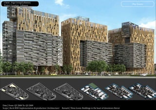 Date | From: Q3 2008 To: Q3 2009
Scope | Revit BIM Implementation & production (Architecture) Remark | Three Iconic Buildings in the heart of downtown Beirut
Plus Towers
Client : Erga Group(Lebanon)
Project Location : Lebanon
 
