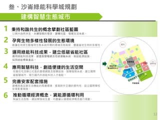 建構智慧生態城市
叁、沙崙綠能科學城規劃
1
4 應用智慧科技，創造便捷的生活空間
完善住宅及辦公社區的基礎網路及智慧設施、智慧服務系統，建立國際
級智慧城市，吸引國內外綠能科技人才進駐。
推動循環經濟概念，資能源循環利用
無論生活型態、建設開...