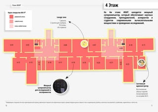 4 ЭтажПлан ИКИТ
10 11
Lounge зона
7 диванов,
12 розеток для ноутбуков,
ТВ-плазмы,
info-терминал
Системный
администратор
Восстановление
забытых паролей,
консультирование
по настройке Wi-Fi
Мощный
суперкомпьютер
для исследований и
экспериментов
очень слабый сигнал
уверенный сигнал
слабый сигнал
Карта покрытия Wi-Fi*
* Информация о покрытии сети носит ориентировочный характер, фактическое покрытие сети и фактическая скорость приема/передачи данных зависит от типа и характеристик устройства, количества пользователей с устройствами, подключённых к той же сети.
На 4м этаже ИКИТ находится мощный
суперкомпьютер, который обеспечивает научных
сотрудников, преподавателей, аспирантов и
студентов современными вычислительными
мощностями в проведении исследований.
 