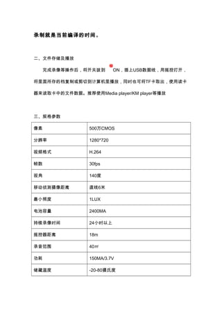 录制就是当前编译的时间。 
二、文件存储及播放 
完成录像等操作后，将开关拨到ON，插上USB数据线，用摇控打开， 
将里面所存的档复制或剪切到计算机里播放，同时也可将TF卡取出，使用读卡 
器来读取卡中的文件数据。推荐使用Media player/KM player等播放 
三、规格参数 
像素500万CMOS 
分辨率1280*720 
视频格式H.264 
帧数30fps 
视角140度 
移动侦测摄像距离直线6米 
最小照度1LUX 
电池容量2400MA 
持续录像时间24小时以上 
摇控器距离18m 
录音范围40㎡ 
功耗150MA/3.7V 
储藏温度-20-80摄氏度 
 