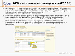 • При построении графика производства учитываются: график работы оборудования,
варианты наладки оборудования, параллельная загрузка оборудования, вариации в
производительности однотипного оборудования.
• Возможно оптимизировать график по скорости производства и стоимости. Можно
оптимизировать под максимальную/равномерную загрузку оборудования.
• Возможность моделировать разные сценарии производства: для анализа
последствий изменения графика производства или состава производственных
мощностей
MES, пооперационное планирование (ERP 2.1)
 