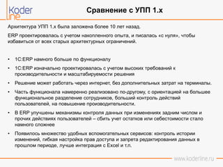 Архитектура УПП 1.х была заложена более 10 лет назад.
ERP проектировалась с учетом накопленного опыта, и писалась «с нуля», чтобы
избавиться от всех старых архитектурных ограничений.
• 1С:ERP намного больше по функционалу
• 1C:ERP изначально проектировалась с учетом высоких требований к
производительности и масштабируемости решения
• Решение может работать через интернет, без дополнительных затрат на терминалы.
• Часть функционала намеренно реализовано по-другому, с ориентацией на большее
функциональное разделение сотрудников, больший контроль действий
пользователей, на повышение производительности.
• В ERP улучшены механизмы контроля данных при изменениях задним числом и
прочих действиях пользователей – сбить учет остатков или себестоимости стало
намного сложнее
• Появилось множество удобных вспомогательных сервисов: контроль истории
изменений, гибкая настройка прав доступа и запрета редактирования данных в
прошлом периоде, лучше интеграция с Excel и т.п.
Сравнение с УПП 1.х
 