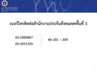 เบอร์โทรติดต่อสำนักงานประกันสังคมเขตพื้นที่ 3
02-2484867
02-2451220
15
ต่อ 201 – 209
 