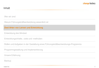 130809 FKE 11
Inhalt
Wer wir sind
Warum Führungskräfteentwicklung wesentlich ist
Zwei Arten von Lernen und Entwicklung
Entwicklung des Mindset
Entwicklungsinhalte, -ziele und -methoden
Rollen und Aufgaben in der Gestaltung eines Führungskräfteentwicklungs-Programms
Programmgestaltung und Implementierung
Unsere Erfahrung
Backup
 