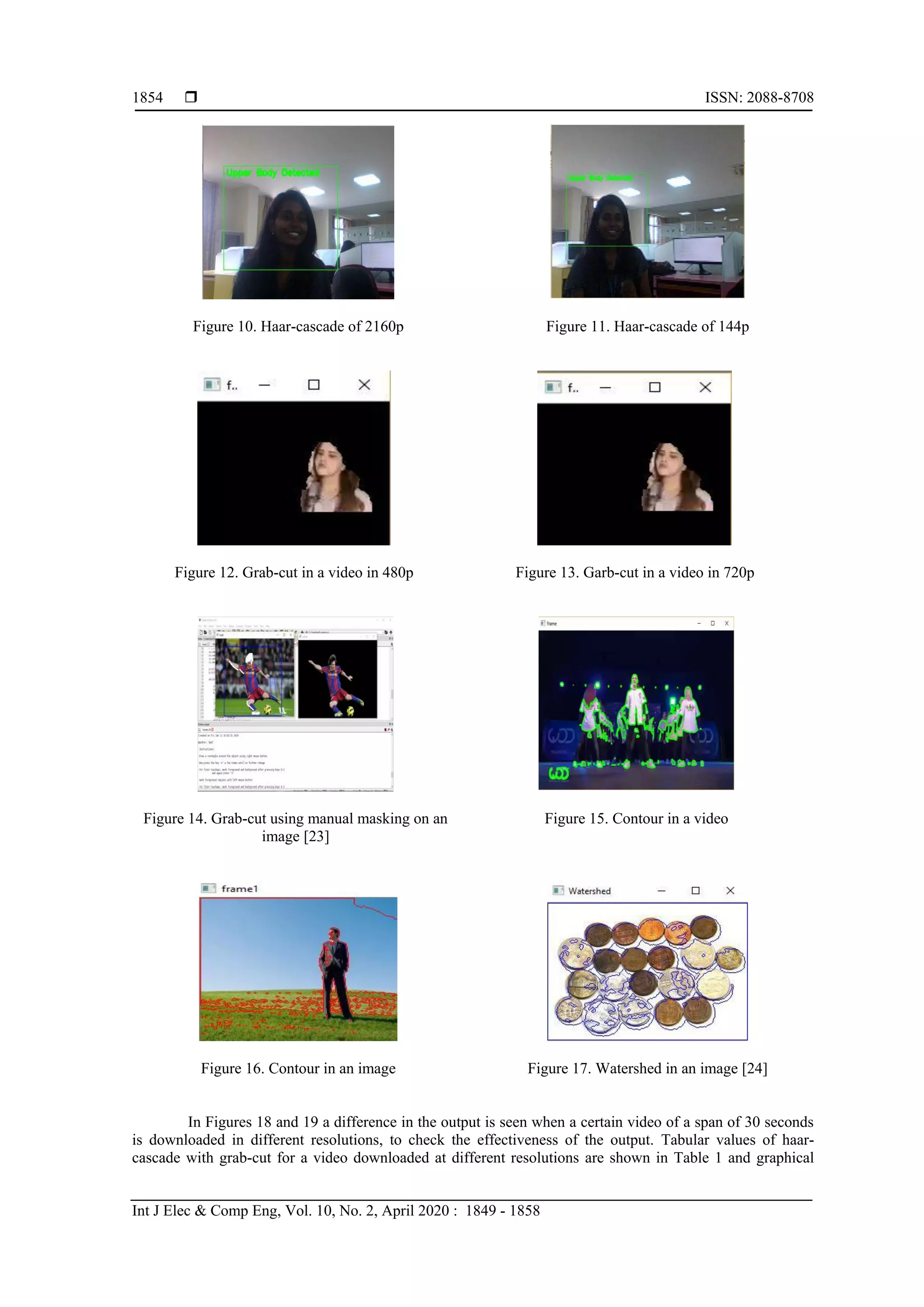  ISSN: 2088-8708 Int J Elec & Comp Eng, Vol. 10, No. 2, April 2020 : 1849 - 1858 1854 Figure 10. Haar-cascade of 2160p Figure 11. Haar-cascade of 144p Figure 12. Grab-cut in a video in 480p Figure 13. Garb-cut in a video in 720p Figure 14. Grab-cut using manual masking on an image [23] Figure 15. Contour in a video Figure 16. Contour in an image Figure 17. Watershed in an image [24] In Figures 18 and 19 a difference in the output is seen when a certain video of a span of 30 seconds is downloaded in different resolutions, to check the effectiveness of the output. Tabular values of haar- cascade with grab-cut for a video downloaded at different resolutions are shown in Table 1 and graphical 