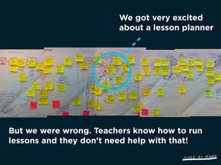 We got very excited
                        about a lesson planner




But we were wrong. Teachers know how to run
lessons and they don't need help with that!
 