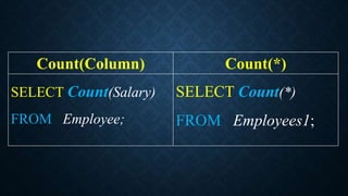 Count(Column) Count(*)
SELECT Count(Salary)
FROM Employee;
SELECT Count(*)
FROM Employees1;
 