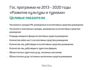 - Численность граждан РФ, размещенных в коллективных средствах размещения;
- Численность иностранных граждан, размещенных в коллективных средствах
размещения;
- Площадь номерного фонда коллективных средств размещения;
- Количество койко-мест в коллективных средствах размещения;
- Количество лиц, работающих в коллективных средствах размещения;
- Количество лиц, работающих в туристских фирмах;
- Объем платных туристских услуг, оказанных населению;
- Объем платных услуг гостиниц и аналогичных средств размещения.
Гос. программа на 2013 - 2020 годы
«Развитие культуры и туризма»
Целевые показатели
 
