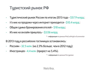 - Туристический рынок России по итогам 2013 года - $57,9 млрд.;
- Из них на продажи через интернет приходится - $10,4 млрд.;
- Общая сумма бронирования отелей - $18 млрд.;
- Из них на онлайн пришлось - $3,06 млрд.
Туристский рынок РФ
* - информация по данным PhoCusWright и Euromonitor
В 2013 году в российских гостиницах остановились:
- Россиян - 32,5 млн. (на 2,3% больше, чем в 2012 году);
- Иностранцев - 4,4 млн. (прирост на 5,4%).
* - информация по данным Ростуризма
 