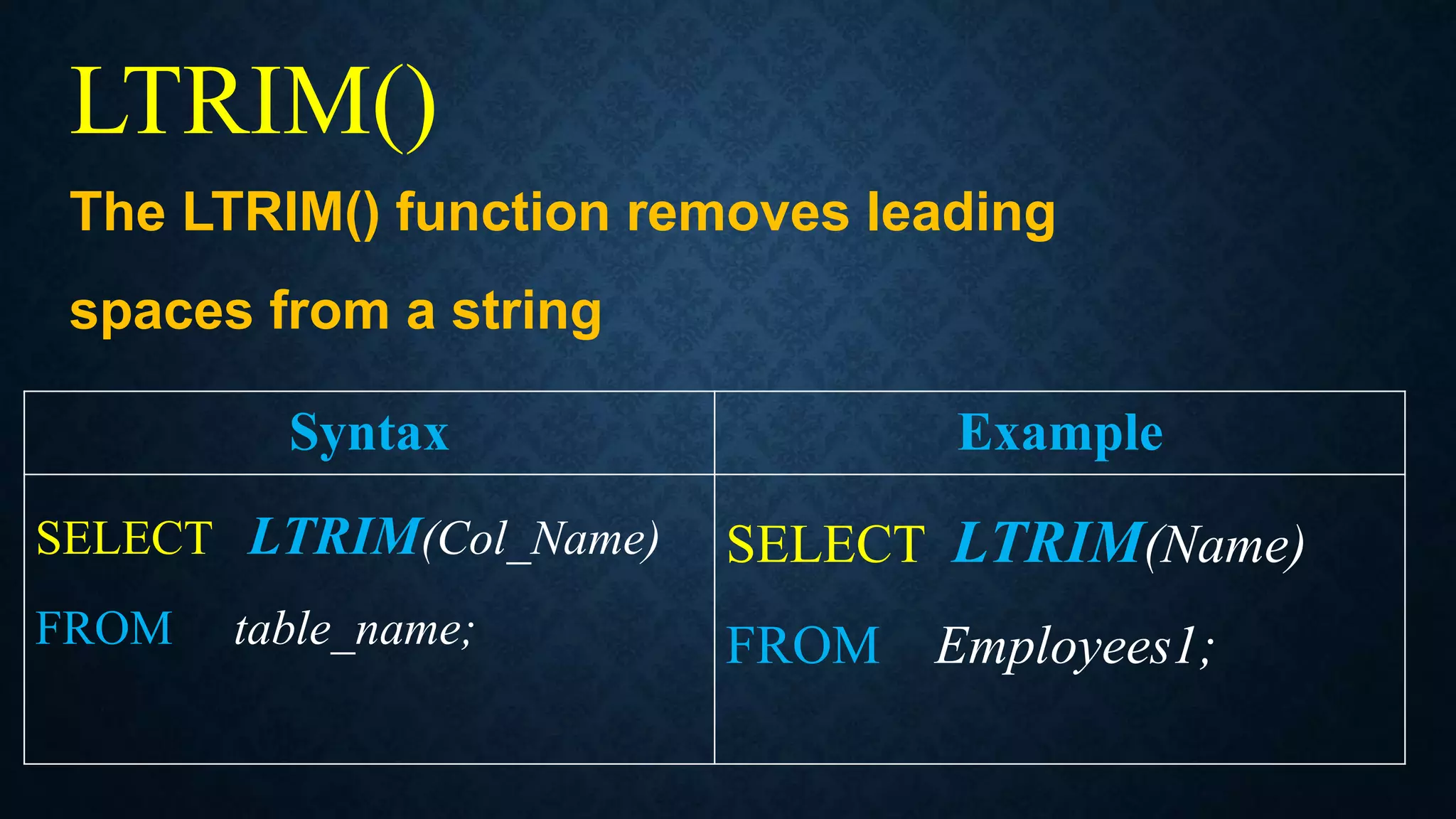 LTRIM()
The LTRIM() function removes leading
spaces from a string
Syntax Example
SELECT LTRIM(Col_Name)
FROM table_name;
SELECT LTRIM(Name)
FROM Employees1;
 