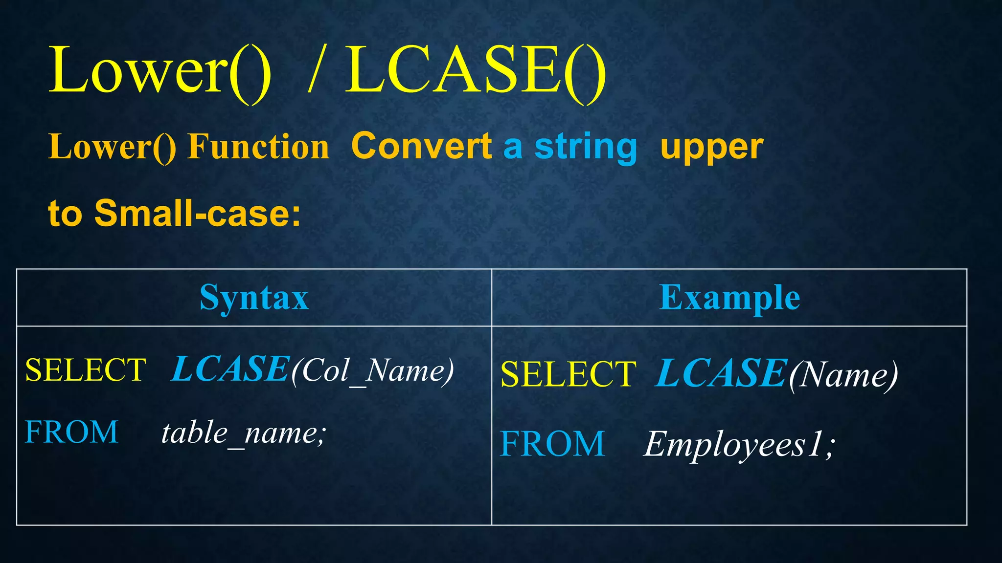 Lower() / LCASE()
Lower() Function Convert a string upper
to Small-case:
Syntax Example
SELECT LCASE(Col_Name)
FROM table_name;
SELECT LCASE(Name)
FROM Employees1;
 
