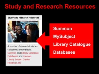 Study and Research Resources
Summon
MySubject
Library Catalogue
Databases
 