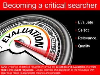 • Evaluate
• Select
• Relevance
• Quality
https://www.lisalanierconsulting.com/wp-content/uploads/2014/10/LLC-Evaluation.png
AO2: Evidence of detailed research involving the selection and evaluation of a wide
range of relevant resources. Critical analysis and application of the resources with
clear links made to appropriate theories and concepts.
Becoming a critical searcher
 