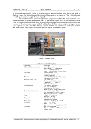 Int J Elec & Comp Eng ISSN: 2088-8708 
Internal model controller based PID with fractional filter design for a nonlinear process (Hemavathy P. R.)
245
to the control valve through current to pressure converter which controlsthe input flow of the liquid to
the level system. The detailed technical description of the process set up is given in Table 1. The schematic
closed loop experimental setup is shown in Figure 2.
The laboratory setup is interfaced to personnel computer using ADuC841 micro controller based
data acquisition (DAQ) card of transmitter is 4 - 20 mA current signals, which is converted into 0 to 5V
range for interfacing with ADuC841. Data are generated in the single hopper tank by determining open loop
response of the system set at manual mode. It is taken from the level process setup by setting the control
valve opening as 75% and 90%. Process variable readings are obtained for each time interval.
The input – output characteristics for different operating regions are shown in Figure 3.
Figure 1. Process setup
Table 1.Technical description
Component Specification
Differential Pressure Transmitter Source - Rose mount.
Built-in sensor - Piezo-electric
Input - (0-4000) mm H2O
Output -(4-20) mA at 24Vdc/2wire system
Orifice plate Upstream distance - 25 ×D
Down stream distance - 5 × D
Tapping - Flange type.
Rotameter Range - (10-100) Litre / Hour, Body -Acrylic
End connection -1/4 (F) BSP
Pneumatic Control Valve Type - Globe valve
Flow rate - (500/1000) Litre / Hour
Characteristics - Equal 5%
Valve action - Air to open
Level Transmitter Type - Dual RF capacitance
Input range - (0-300) mm
Measuring range - (0-250) mm
Output - (4-20) mA at 24Vdc/2-wire system
Electro-pneumatic converter Input pneumatic signal - 20psi constant
Input current signal -(4-20) mA at 24V DC
Output pneumatic pressure - (3-15) psi
Pump Voltage - 230V AC, 50Hz.
Discharge - 1200 LPH
Process tank Body Material –Acrylic
Dimension - 250 × 120mm
Reservoir tank Capacity - 15 liter, Body- MS material
Air regulator Input - 10.6 Kg/cm2
Output - 2.1 Kg /cm2
Special feature - Air regulator cum filter
Flow meter Input - (0-100) Liter/hour
Output - (4-20) mA at 24 Vdc / 3 wire system
Medium - Water
 