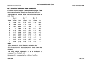 0 IAE InternationalAero Engines AG 2000
V2500 BorescopePractices
HP Compressor Inspection Blade Dimensions
In order to assess damage in the zones according to AMM
recommendationsthe blade dimensions must be known.
The following is a table giving the blade dimensions at
each stage.
Dim X Dim Y Dim Z
Stage
3
4
5
6
7
8
9
10
11
12
inches
5.04
3.66
2.62
1.9
1.45
1.I4
0.94
0.86
0.83
0.84
mm
128,2
93,l
66,5
48,3
36.9
29,O
23,8
22,o
21,o
21,2
inches
2.39
2.20
1.57
1.15
0.92
0.91
0.86
0.85
0.89
0.86
mm
60,7
55,8
39,8
29,3
23,4
23,2
21,8
21,6
22,5
21,8
inches
2.54
I.73
1.32
0.97
0.74
0.59
0.48
0.45
0.43
0.44
mm
64,6
44,O
33,6
24,6
18,8
14,9
12,3
11,4
10,9
11,l
Note:
These dimensions are for reference purposes only.
The chord dimension changes from the blade root to the
bladetip.
The chord datum (dimension Y) is at dimension Z
measured from the blade root.
Dimension X is measured at the mid chord position.
Engine InspectionKheck
Initialissue Page4-15
 