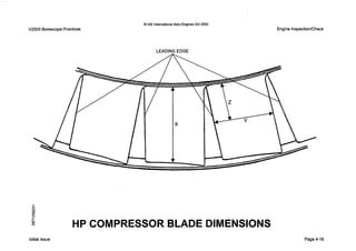 . .
V2500 Borescope Practices
0 IAE InternationalAero EnginesAG 2000
LEADINGEDGE
f
Engine InspectionlCheck
HP COMPRESSOR BLADE DIMENSIONS
Initial issue Page4-16
 